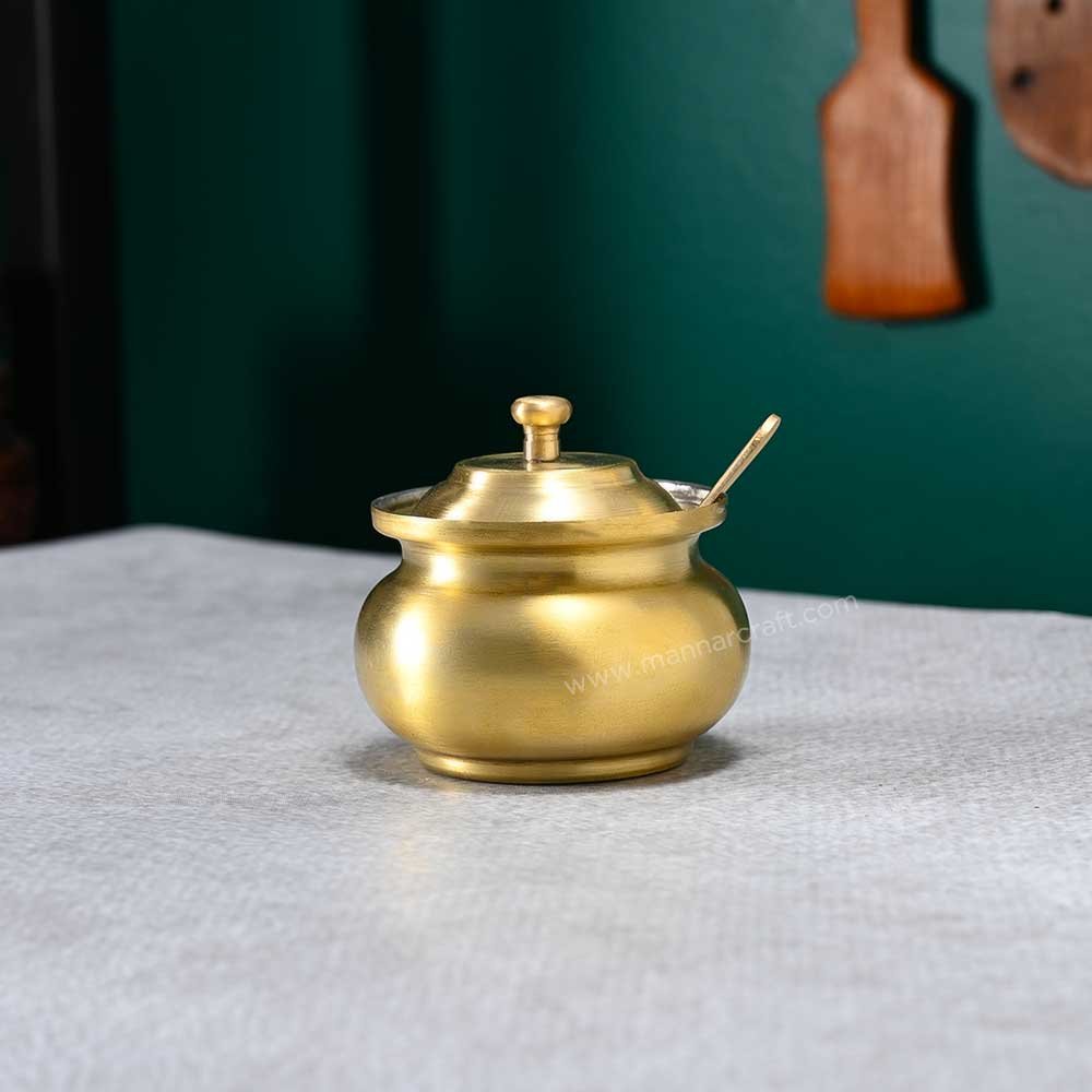 Premium Brass Ghee Pot Ultra Heavy (Matte Finish) with Spoon & Lid – Traditional, Durable, and Elegant- 180 ml