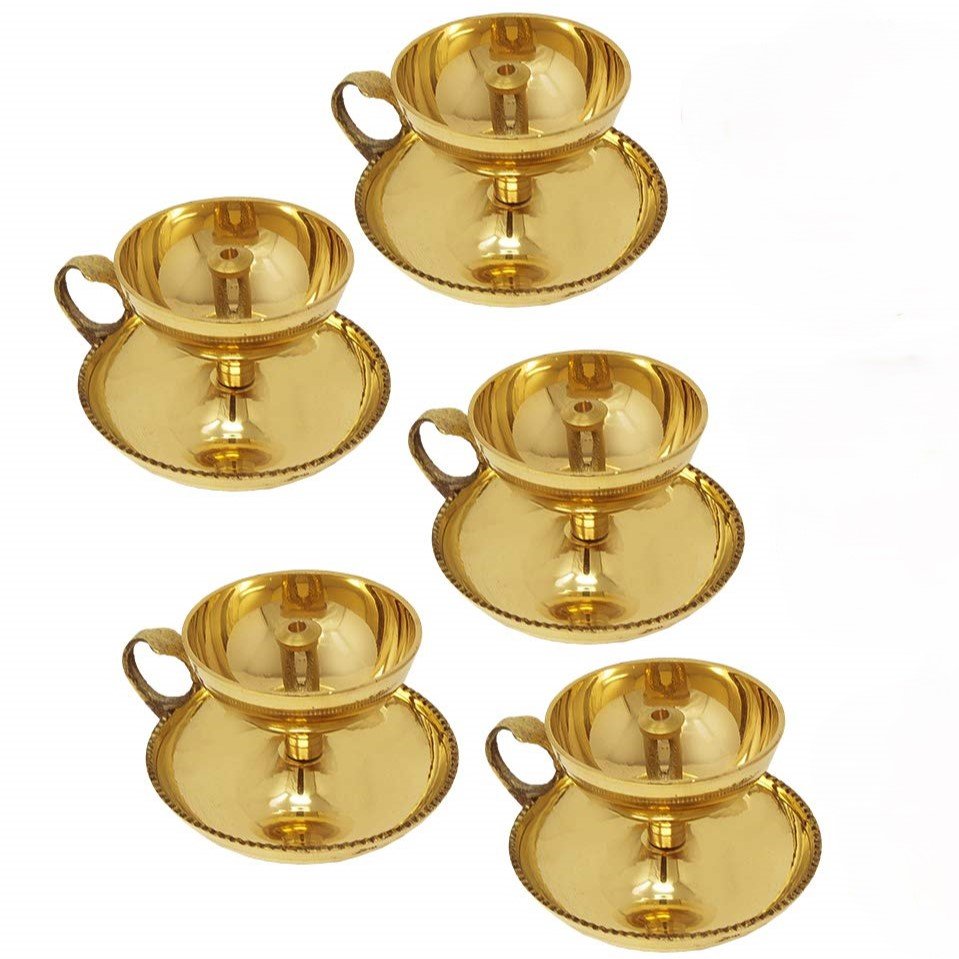 Handmade Brass Akhand Jyoti Diya with Handle - Set of 5 Pcs (6 cm) | Traditional Brass Oil Lamp for Pooja & Decoration