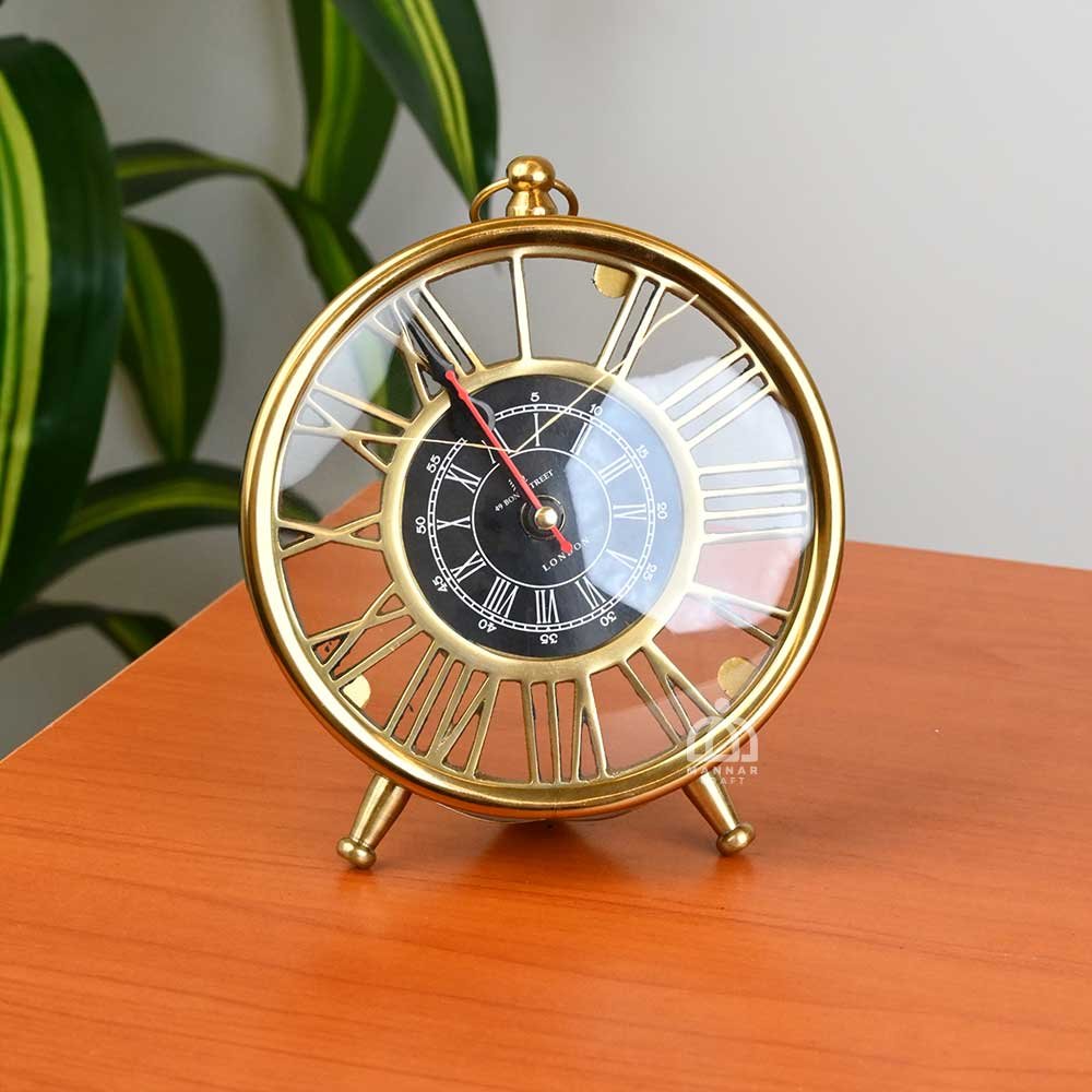 Brass Roman Numeral Table Clock – 7 Inch Vintage Brass Coated Decorative Clock for Home & Office