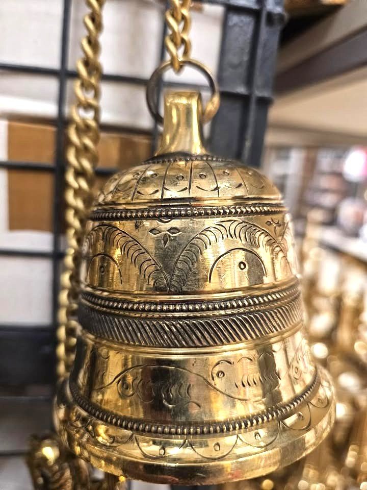 Antique Brass Hanging Bell with Chain – 4 Inch Temple Bell for Puja, Home & Wall Hanging
