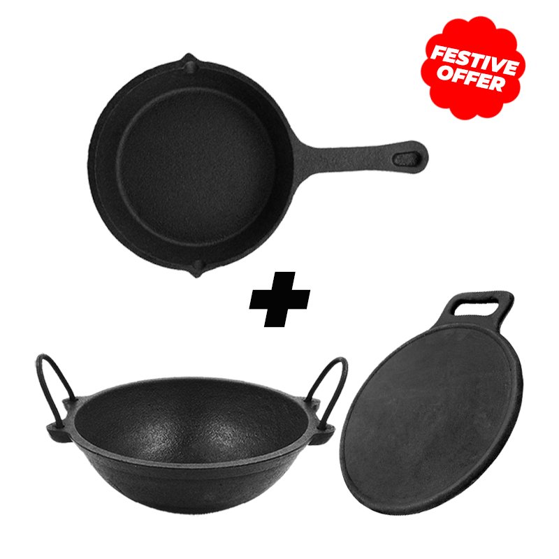 Premium Skillet 10 Inch + Superfine Dosa Tawa 12 Inch + Master Kadai 10 inch