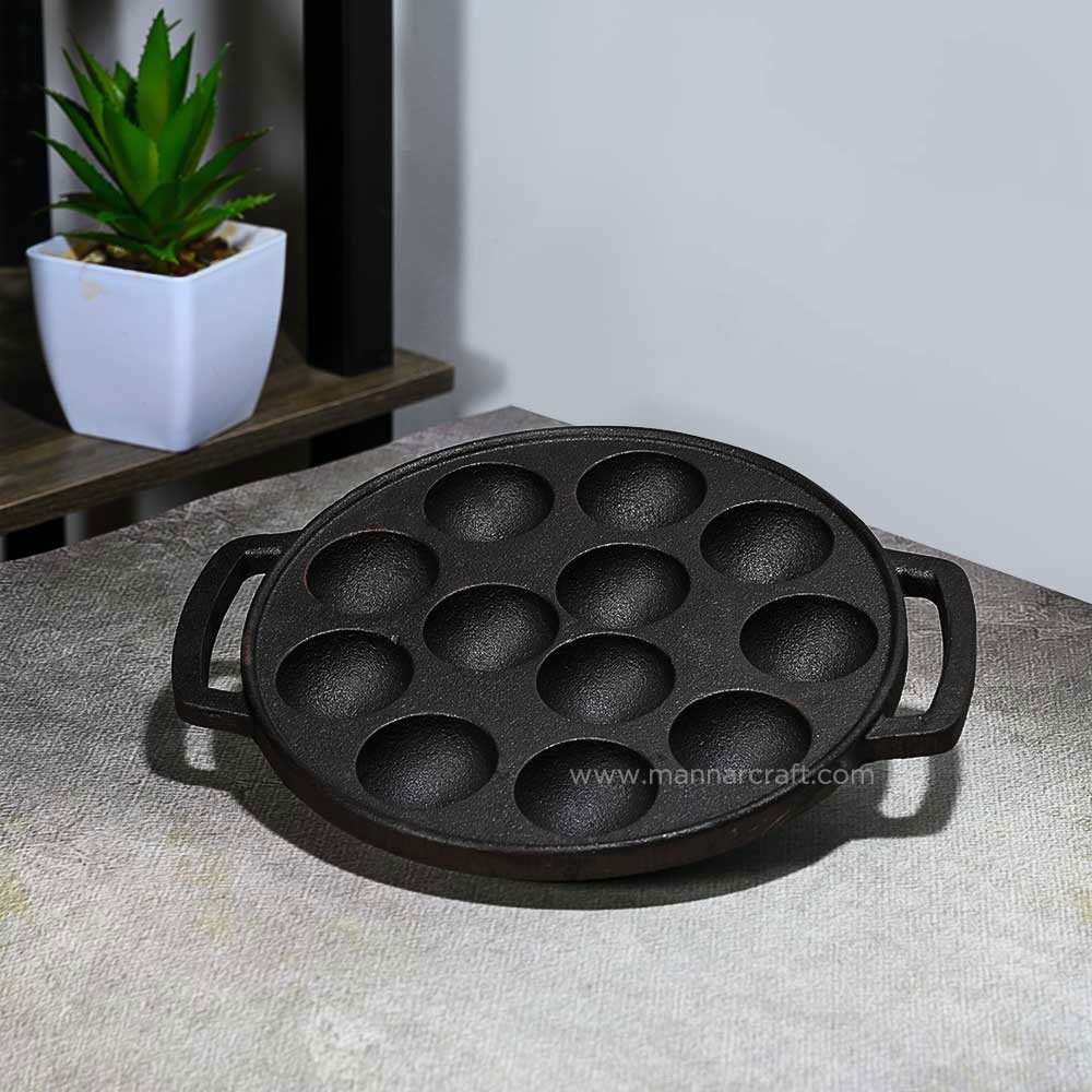 Pre-Seasoned Smooth Cast Iron Paniyaram Pan/Appam Pan/Kuzhi Pan Patra 12 Mould