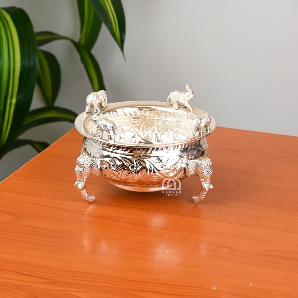 Silver Coated Brass Uruli Bowl | Decorative Urli for Home Decor, Pooja & Gifting - 6 inch