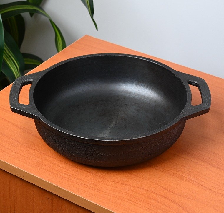 Pre-Seasoned Cast Iron Flat Base Double Handle Kadai – Sturdy & Smooth Finish – Traditional Cookware for Healthy Cooking – Without Lid - 10 inch