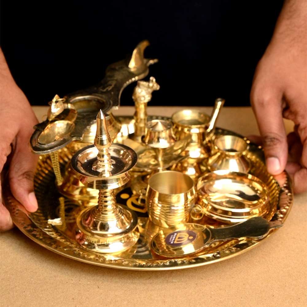 Brass Pooja Thali Set – 10 Piece Traditional Puja Plate with Ashtamangalya Vilakku, Nilavilakku, Bell, Uruli, Kindi, Lota & Accessories - 10 inch