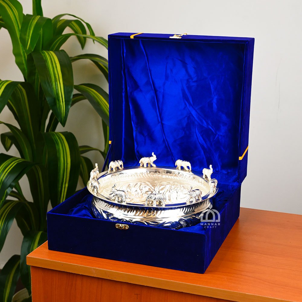 Diwali Gift Set – Velvet Gift Box with 10 Inch Silver Coated Brass Uruli Bowl | Decorative Urli for Home Decor, Pooja & Gifting