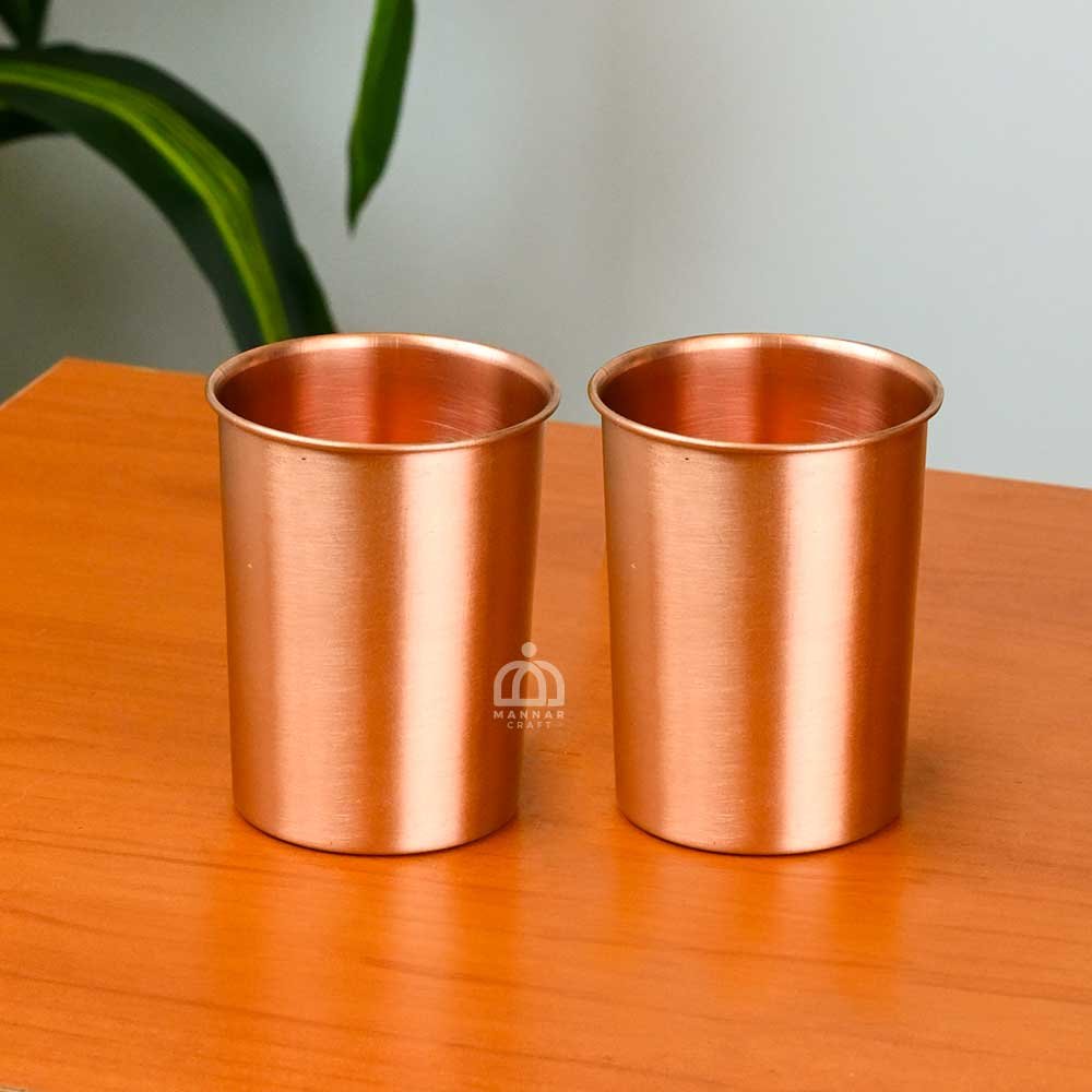Mannar Craft Pure Copper Glossy Water Glass Set – 2 × 300 ml Tumblers (7 × 7 × 9 cm) – Ayurvedic Antimicrobial Drinkware