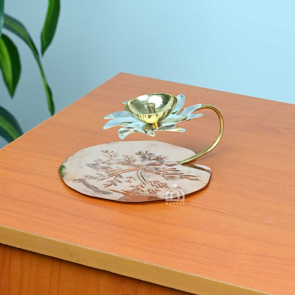 Brass Lotus Diya Holder | Decorative Pooja Chowki Oil Lamp for Home, Temple & Festival Rituals – Silver & Gold Tone - Large