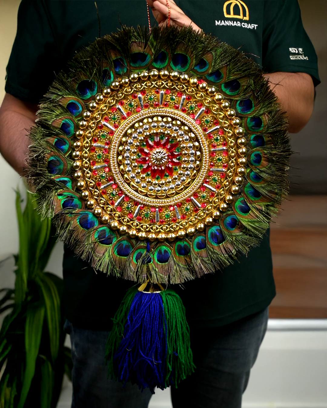 Peacock Feather Alavattam Set of 2 – Original Peacock Feather | Traditional Kerala Décor & Gifting - 14-in