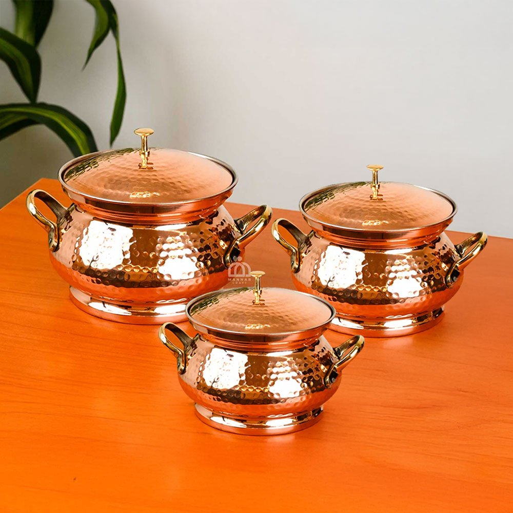 Mannar Craft Premium Copper Serving Handi Set with Lid – Set of 3 (750 ml, 1L, 1.5L) | Traditional Tin-Coated Copper Handi for Kitchen & Dining