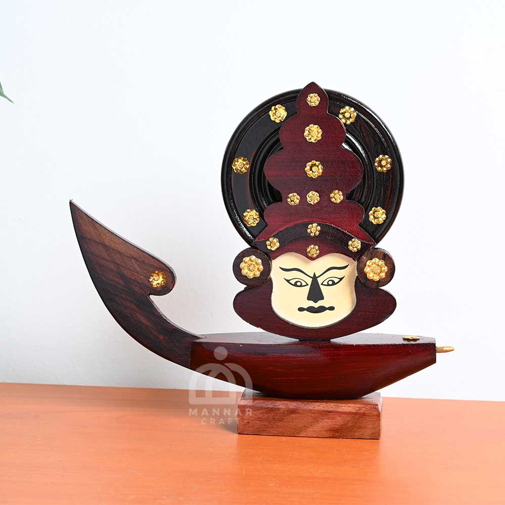Wooden Kerala Traditional Boat Curio Miniature with Kathakali Face (8 Inch)