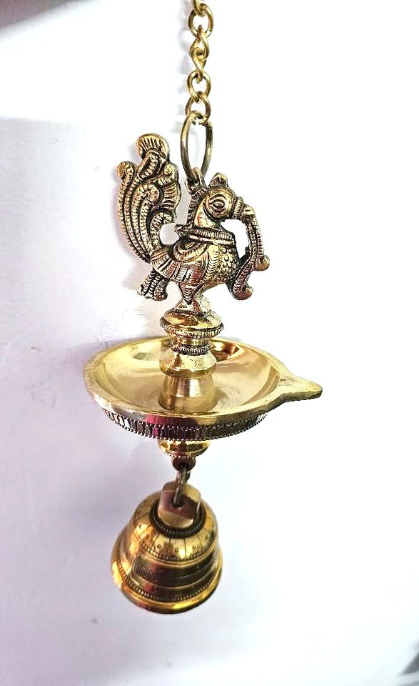 Mannar Craft Brass Peacock Hanging Diya with Bell – Traditional Single Wick Oil Lamp for Pooja, Temple Decoration & Home Decor