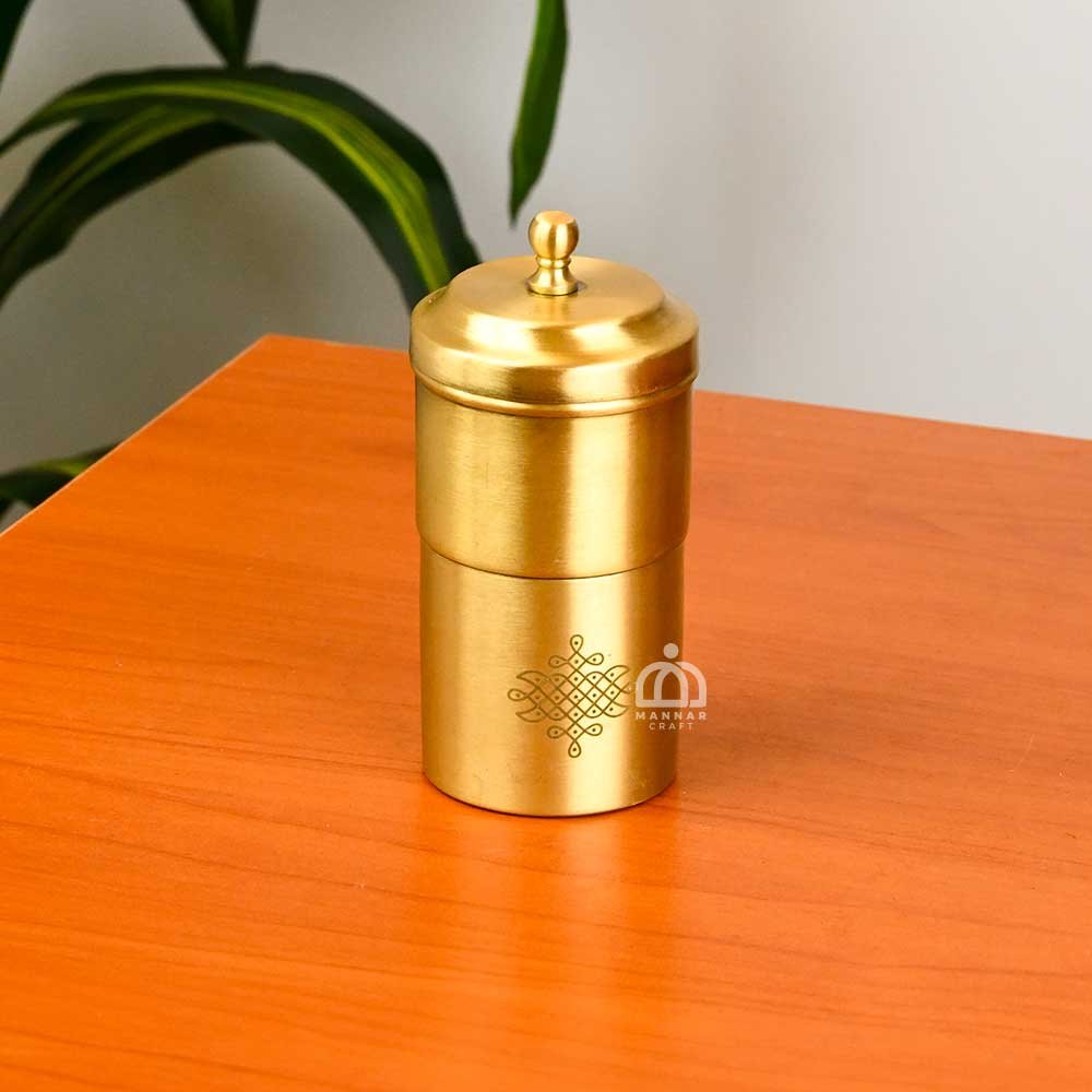 Brass Coffee Filter with Engraved Kolam Design  – Traditional South Indian Coffee Maker for Authentic Filter Coffee - 2 Cup