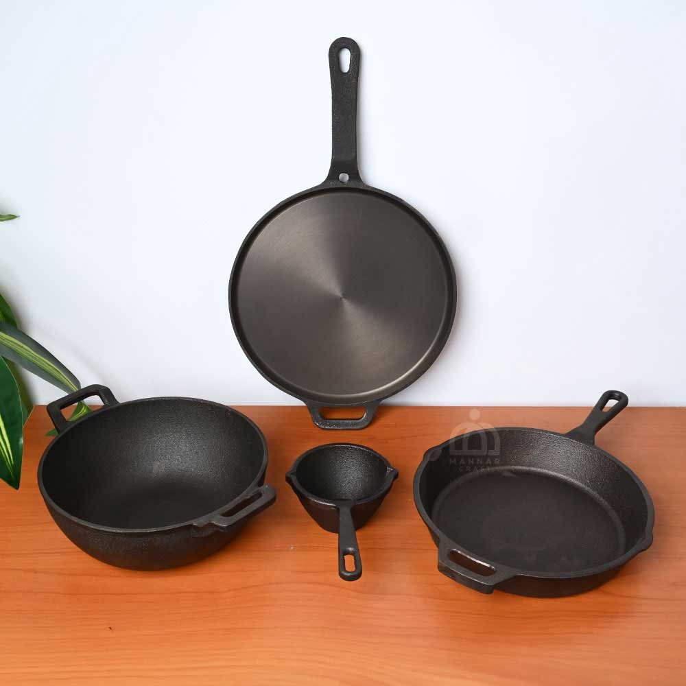  Pre-Seasoned Cast Iron Cookware Combo – 12 inch Long Handle Dosa Tawa, 10 inch Skillet, 10 inch Double Handle Extra Deep Kadai & Tadka Pan |Traditional Indian Cooking Set