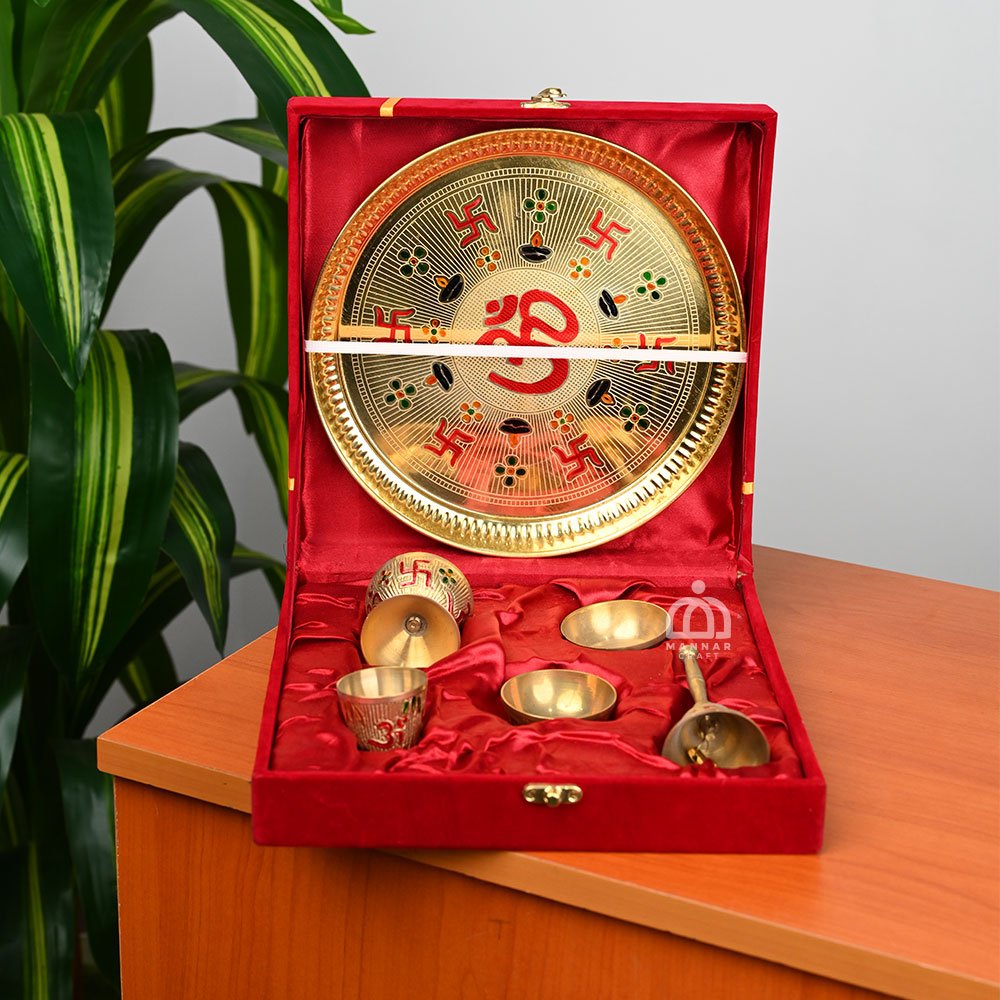 Brass Pooja Thali Set in Velvet Gift Box – 10 Inch Traditional Puja Plate for Festivals & Gifting
