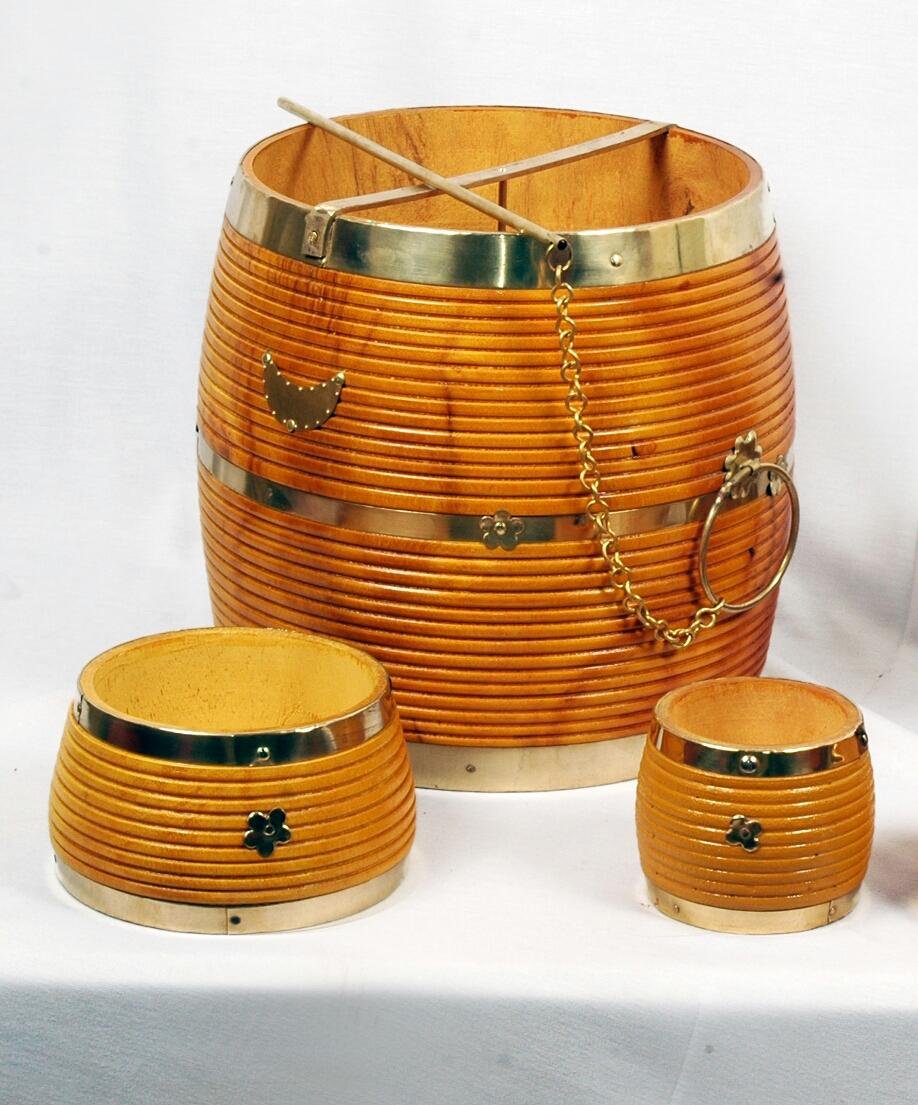 Wooden Plaavu Vadi Para Set with Changazhi & Naazhi – Handcrafted Jackfruit Wood Para with Brass Decoration - 10.5 inch