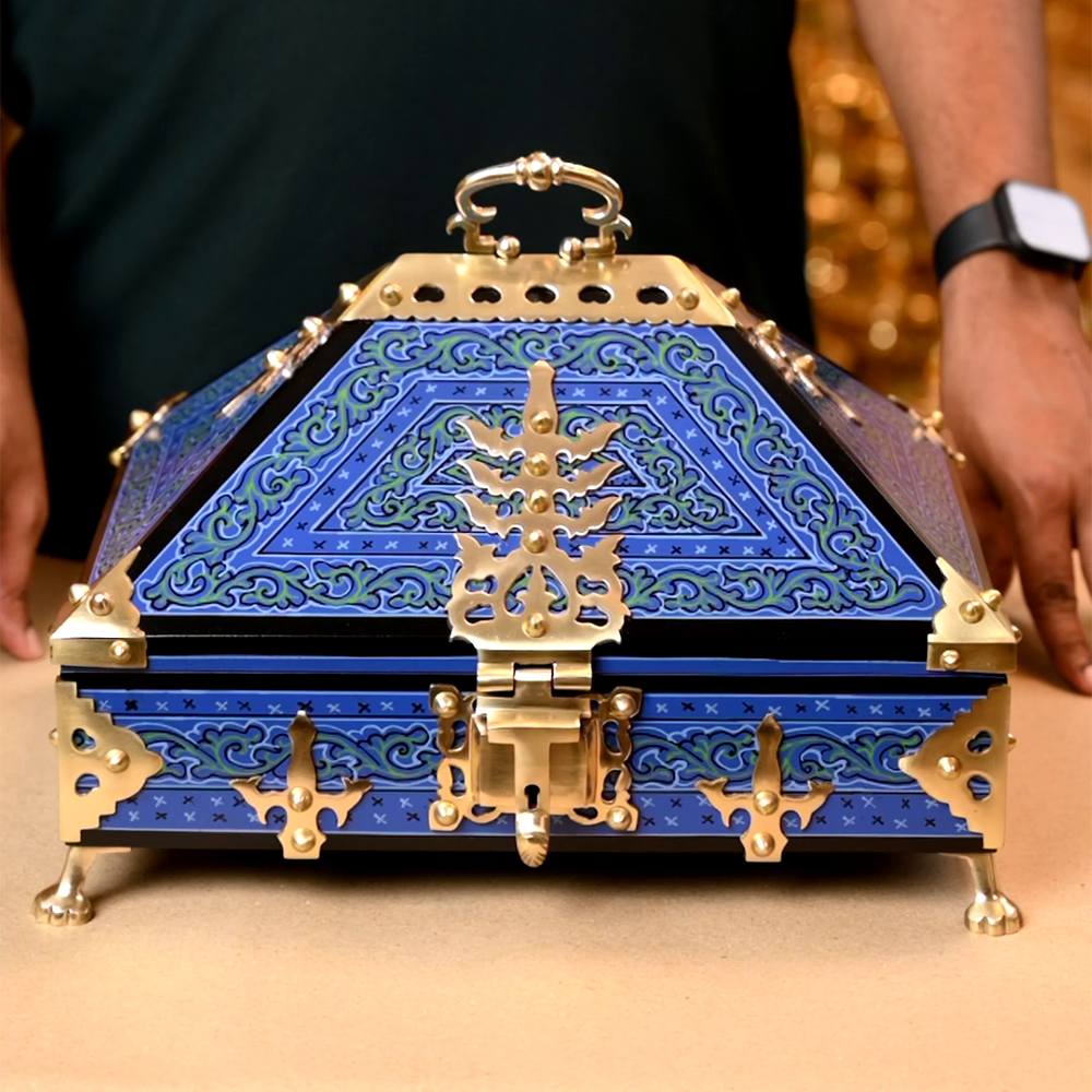 Handcrafted Nettoor Petti (Large) – Mahogany Amadapetti Jewel Box with Blue Mural Painting | Traditional Kerala Jewellery Box with Brass Fittings