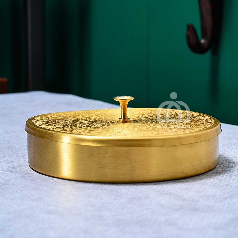 Mannar Craft Brass Handcrafted Masala Box With Embossed Lid- Diameter 9.4