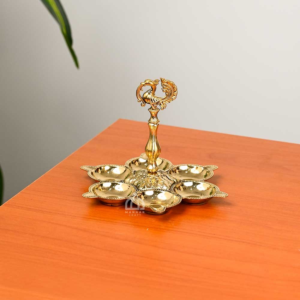 Pure Brass Arumuga Vilakku | Six Face Peacock Diya for Pooja | Traditional 6 Mukha Brass Oil Lamp for Temple & Home Decor