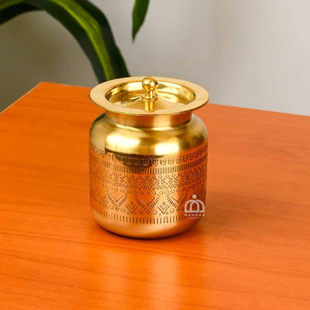 Brass Oil Can (Barni) –  Handcrafted Brass Jar with Lid | Traditional Brass Storage Pot for Oil, Ghee, Pickles & Kitchen Decor - 9.5 cm