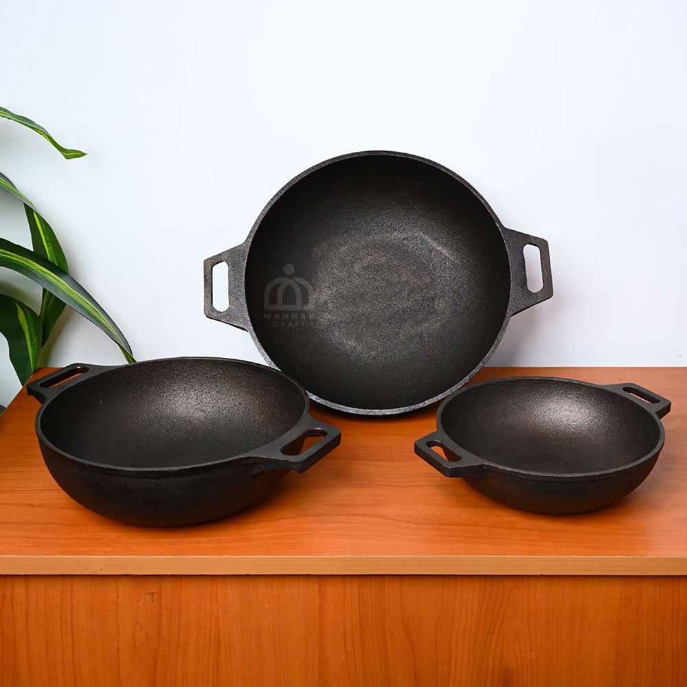 Pre-Seasoned Cast Iron Kadai Combo – 8, 10 & 12 Inch | Double Handle, Fine Finish, Sturdy & Stylish Cookware for Perfect Cooking| Ideal for Everyday Cooking