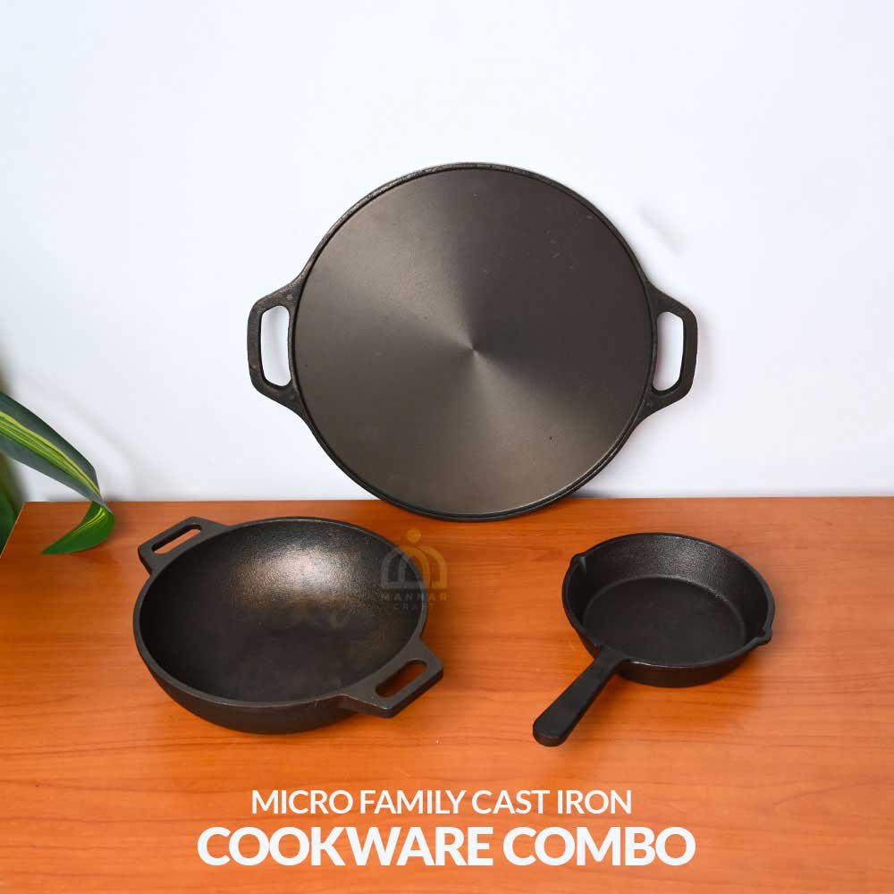 Mannar Craft Micro Family Pre-Seasoned Cast Iron Cookware Combo – 8 inch Fine Finish Kadai, 12 inch Double Handle Dosa Tawa & 6 inch Mini Skillet – Fine Finish, Non-Toxic, Durable Kitchen Set