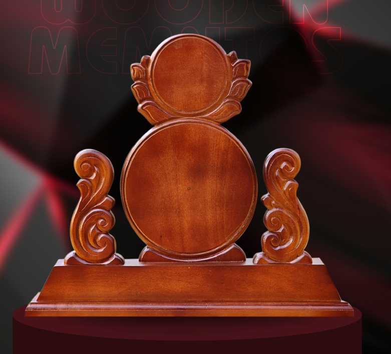 Premium Mahogany Wood M Round Memento – 35 cm Handcrafted Wooden Trophy | Award Keepsake & Home Decor Piece by Mannar Craft