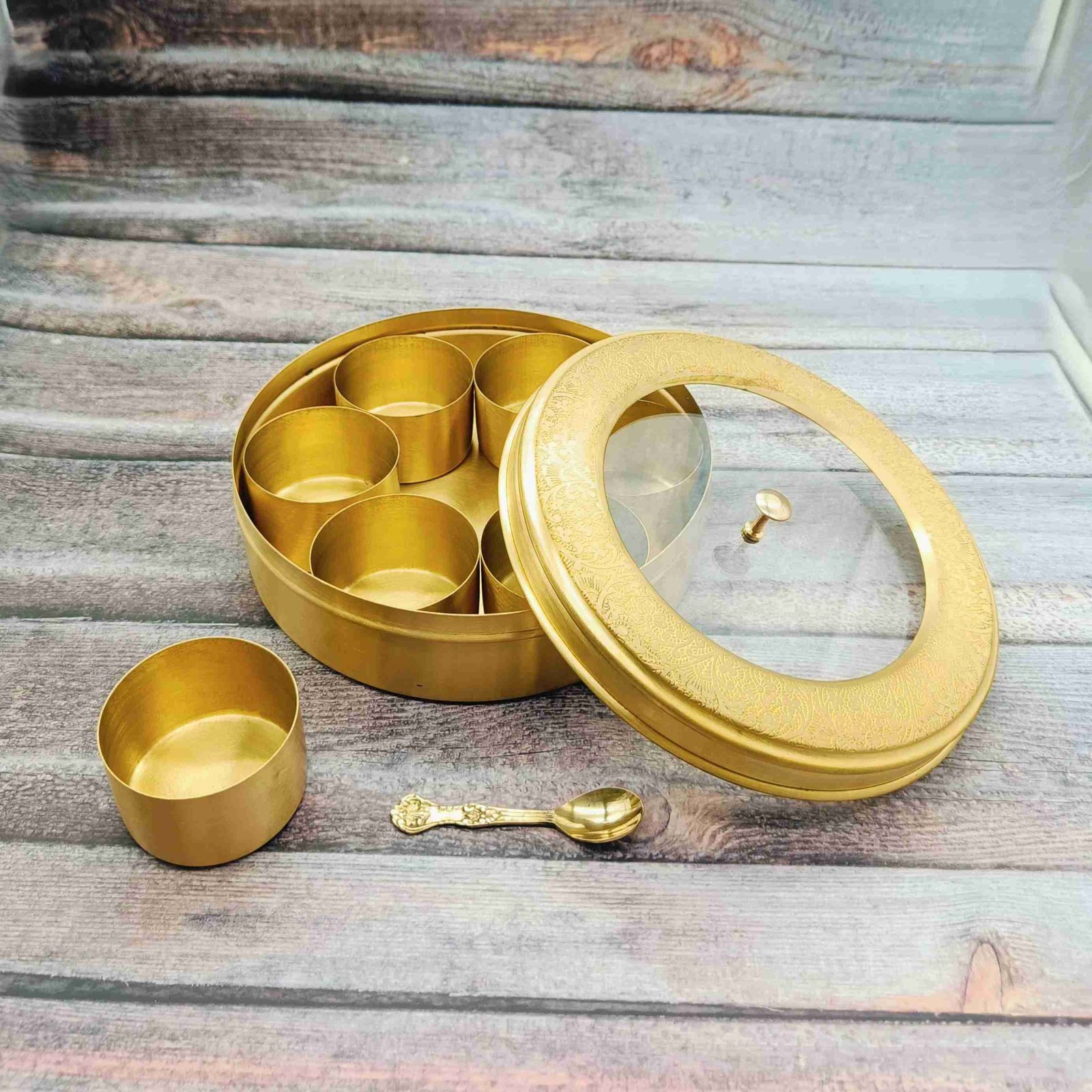 Handcrafted Brass Spice Masala Box Dabba with Transparent Fibre Lid and Spoon – Multipurpose 8-Inch Storage Container for Kitchen