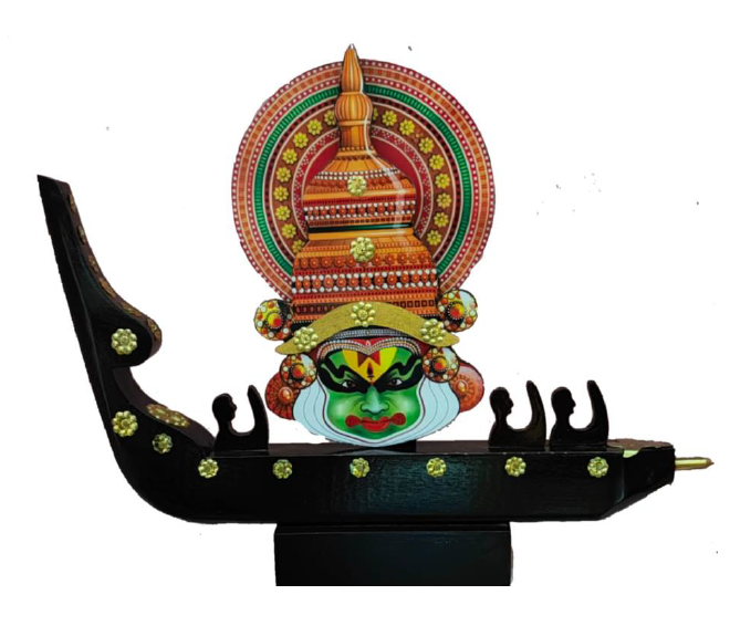 Handcrafted Wooden Boat with Printed Kathakali and Boatmen – 6 Inch Traditional Kerala Décor Showpiece by Mannar Craft