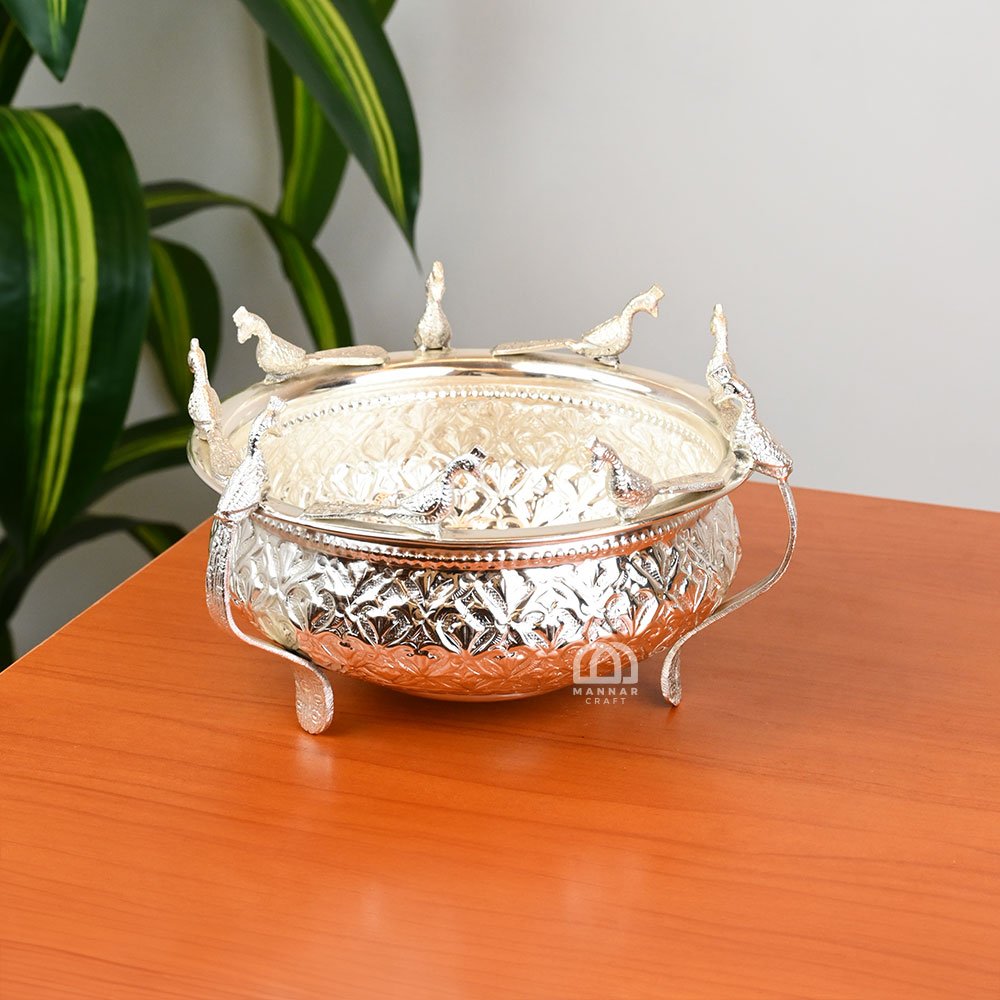 Brass Silver Coated Uruli with Peacock Design – Decorative Bowl for Pooja, Floating Flowers & Home Decor - 8 Inch 