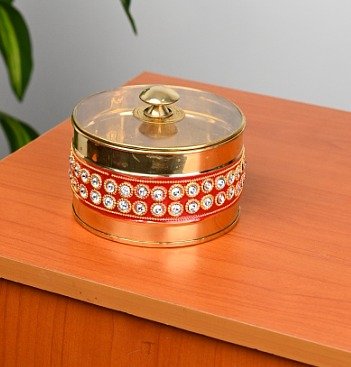 Decorative Brass Box with Transparent Lid | Stone Embellished Brass Storage & Serving Box | Traditional Pooja & Gifting Container