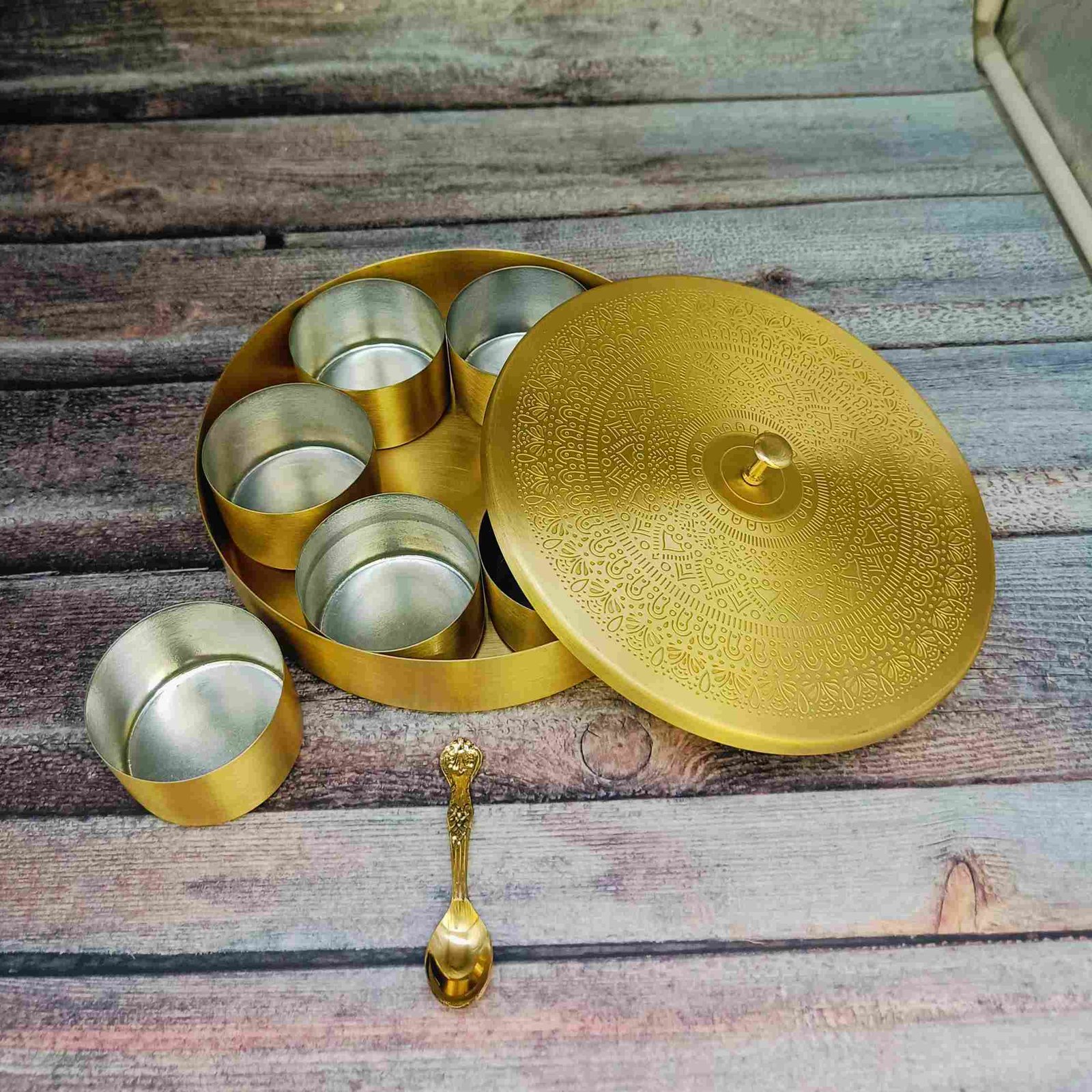 Handcrafted Brass Etched Masala Daani – 8 Inch Spice Box with Lid, 7 Tin-Coated Containers, and Spoon | Traditional Indian Masala Box for Kitchen Spice Storage