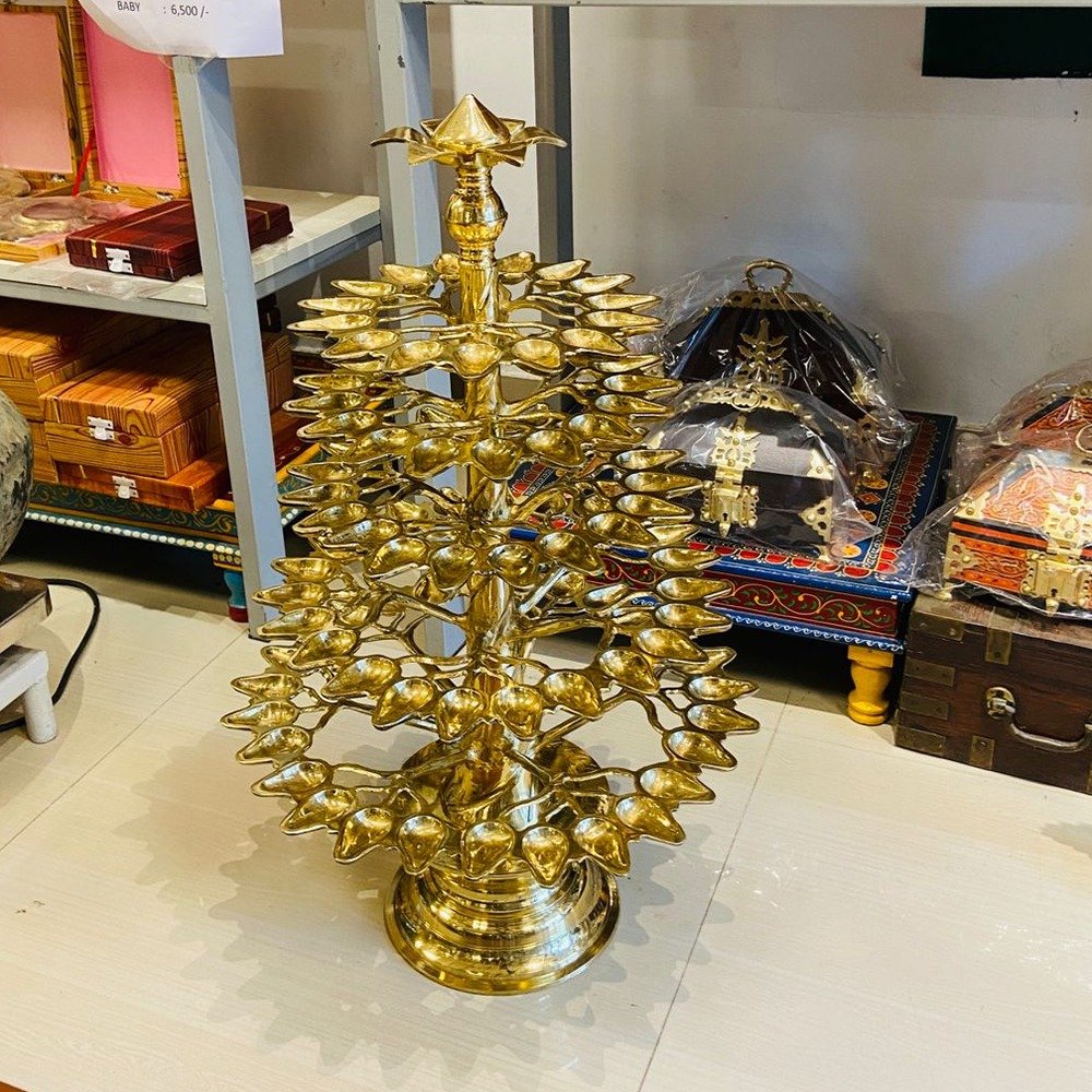 Brass Aal Vilakku - 101 Wick | Tall Temple Diya | Traditional Vilakku for Pooja, Wedding & Decor