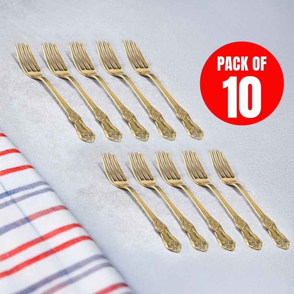 Golden Brass Design Dinner Fork Set – Pack of 10 Elegant Cutlery for Dining & Special Occasions
