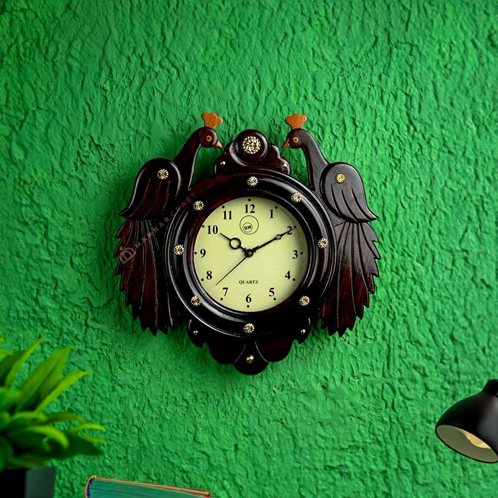 Handcrafted Wooden Wall Clock - Peacock Model - Rose Wood - BIG size