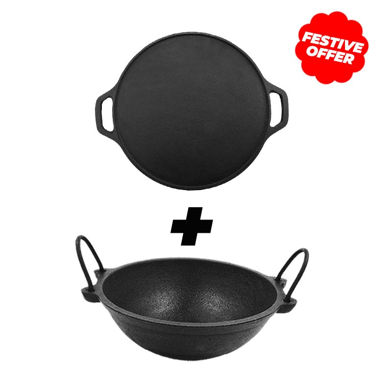 Premium Double Handle Dosa Tawa + 10Inch Durable Kadai