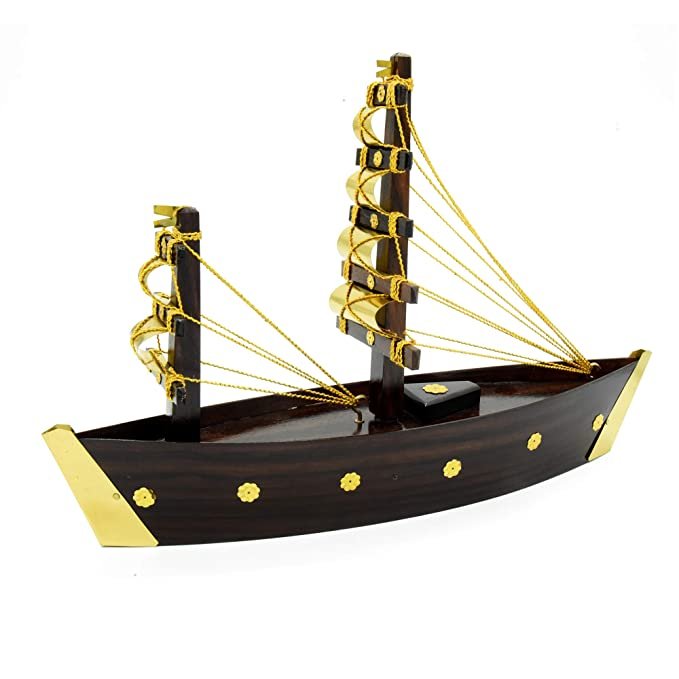 Decorative Wooden Ship Miniature with Brass Elements, Ideal Home Decor and Gifting (small)