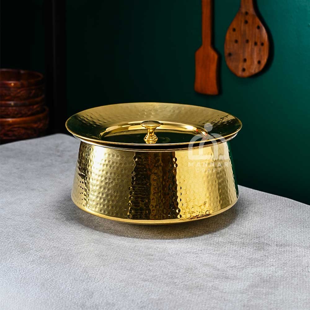 Traditional Biryani Brass Cooking Handi with Hammered Finish and Lid | Curved Patila for Authentic Flavor - 1.5 Litre