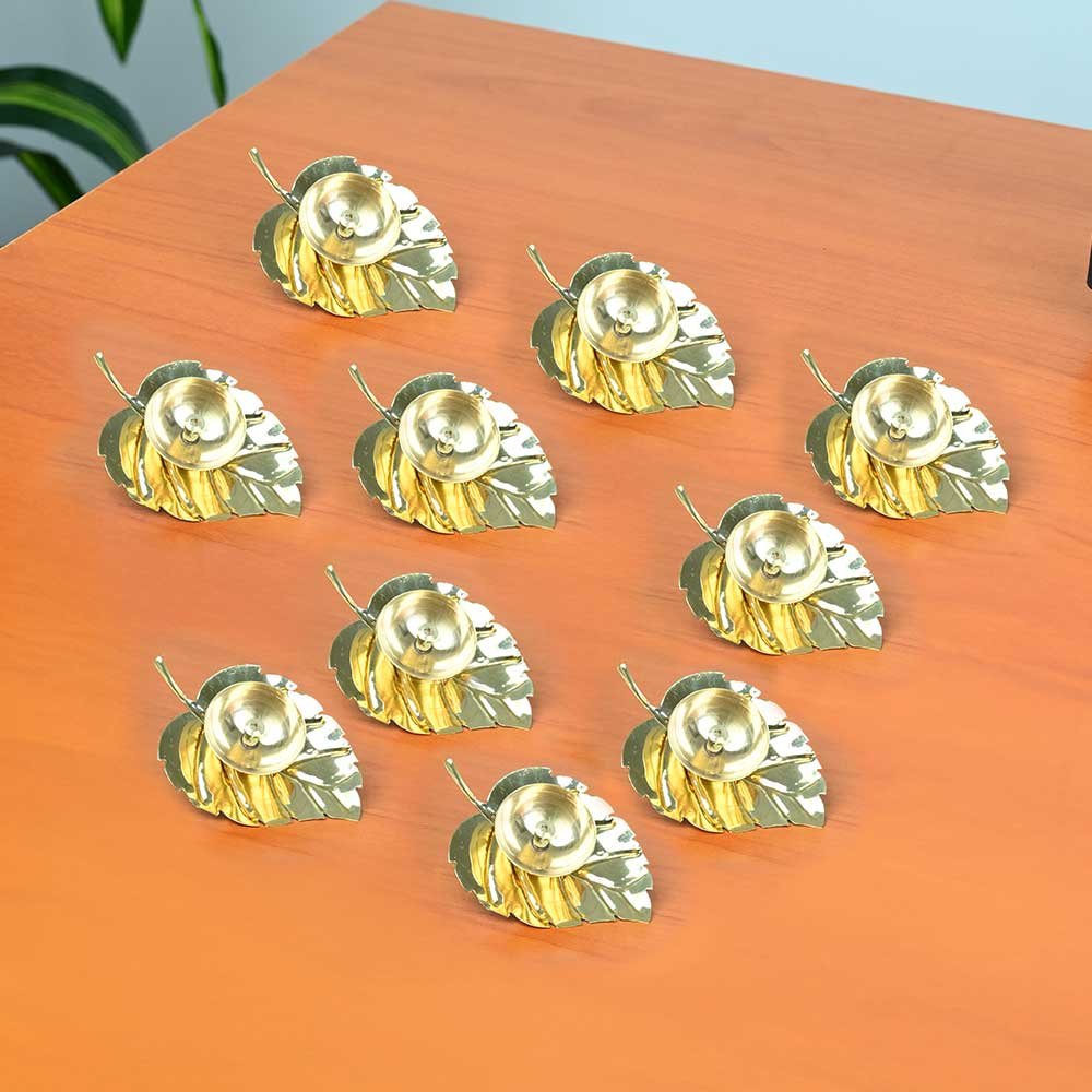 Set of 10 Paan / Betel Leaf Shaped Brass Diyas with Gift Box – Traditional Oil Lamps/Deepak for Pooja, Temple & Diwali Decoration