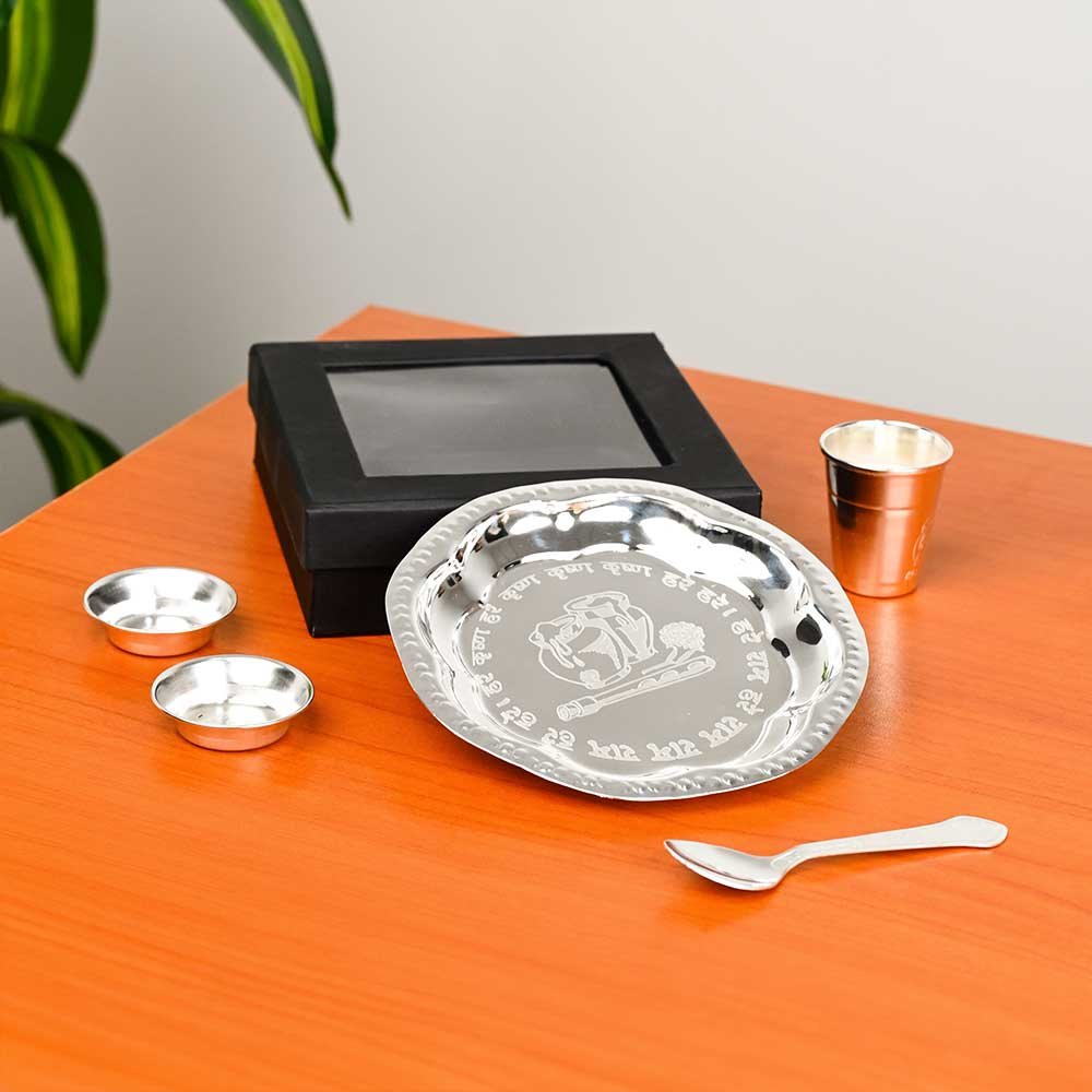 Brass Silver Plated Pooja Thali Set in Gift Window Box – Complete Puja Plate with Bowls, Spoon & Glass for Hindu Rituals, Diwali & Wedding Gifts