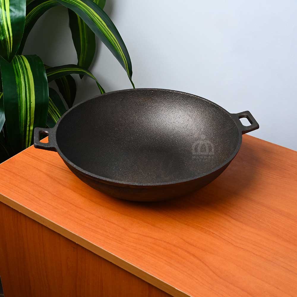 Pre - seasoned 12 Inch Cast Iron Wok Kadai – Handcrafted Traditional Kadai with Fine Finish and small handle| Heavy Duty Cookware for Home & Restaurant Use