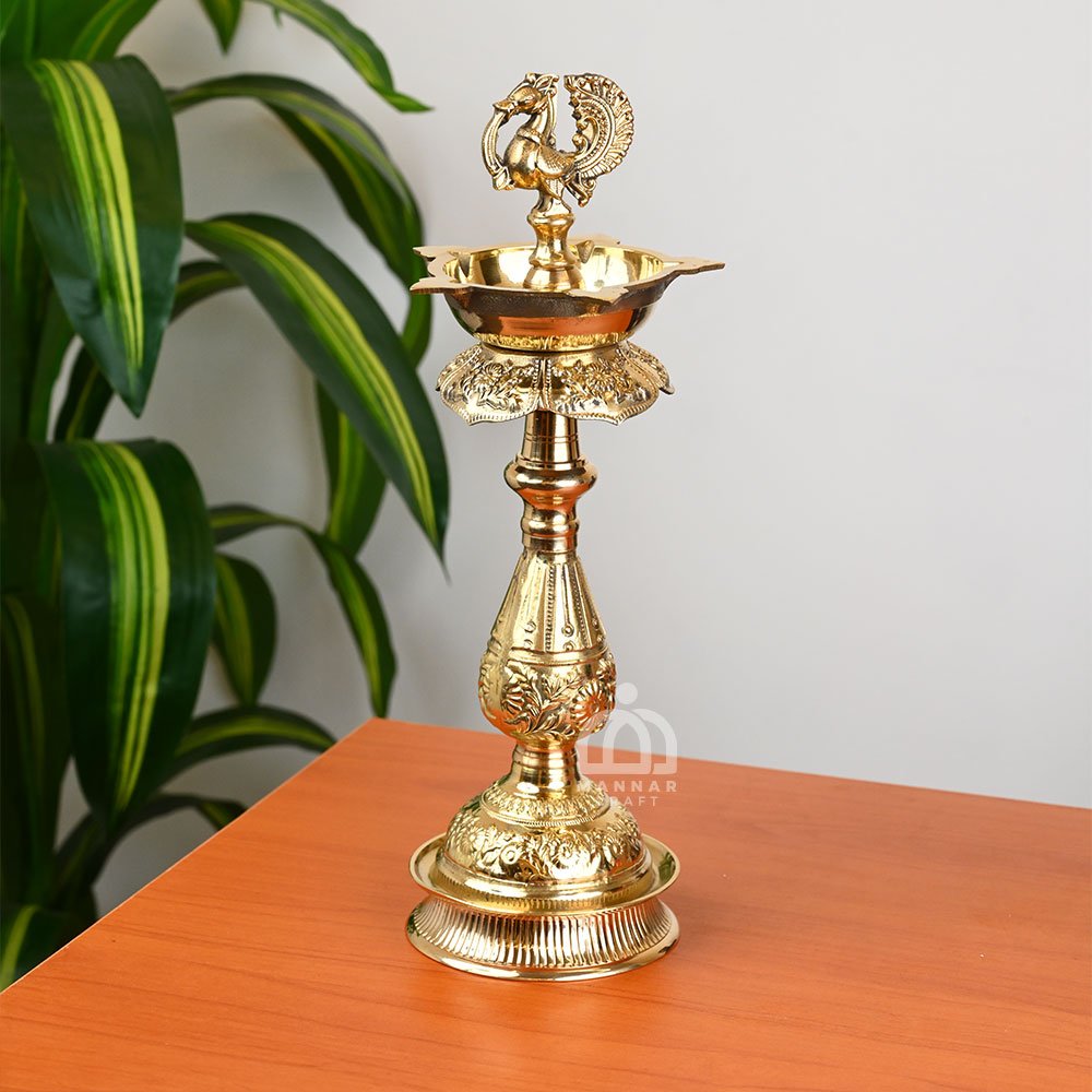 Brass Peacock Lamp – Traditional Kerala Decorative Lamp for Pooja, Temple & Home Decor - 10 inch