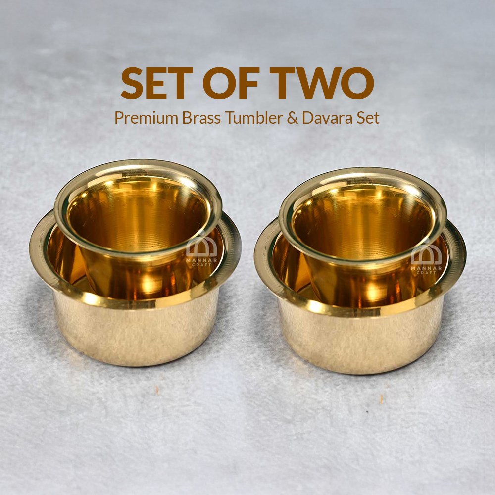 Set of two Premium Brass Tumbler & Davara Set – 90 ml | Traditional South Indian Filter Coffee Dabara Set