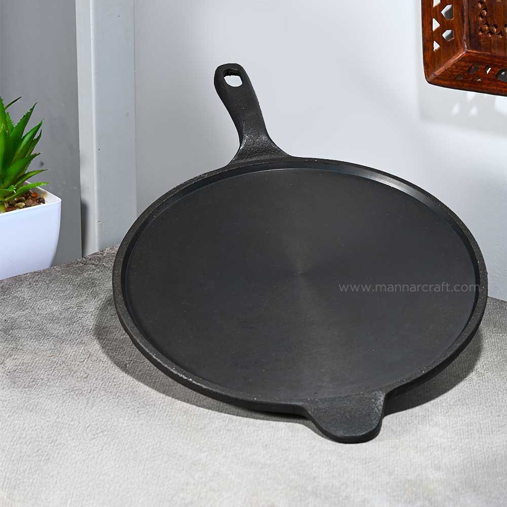 Pre-Seasoned Cast Iron Roti Tawa with Double Handle and Fine Finish Edge Raised Tawa - 10.25 inch