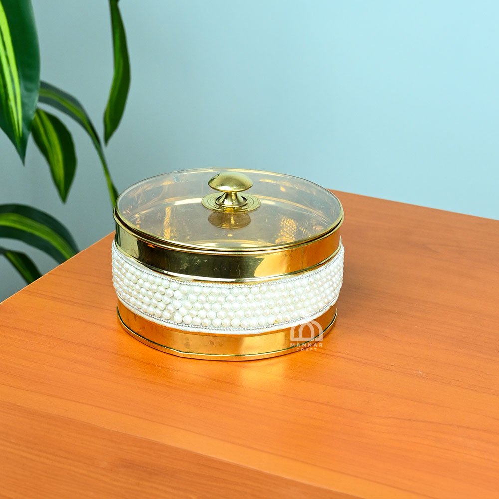 Elegant Brass Storage Box with Pearl Beaded Design & Transparent Lid – Decorative Brass Container for Dry Fruits, Sweets & Gifting - Small