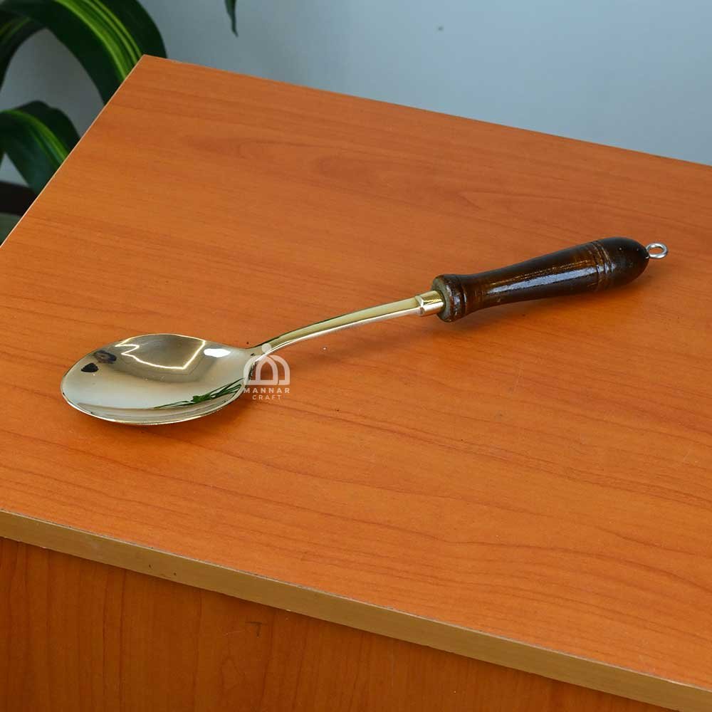 Brass Cooking & Serving Spoon with Wooden Handle –  Polished Brass Ladle for Kitchen & Dining – 13.7 Inch