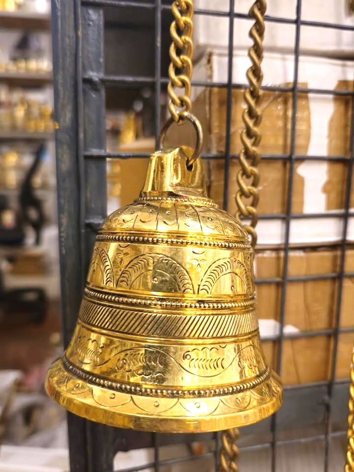 Brass Hanging Bell with Chain – 4 Inch Temple Bell for Puja, Home & Wall Hanging Decor