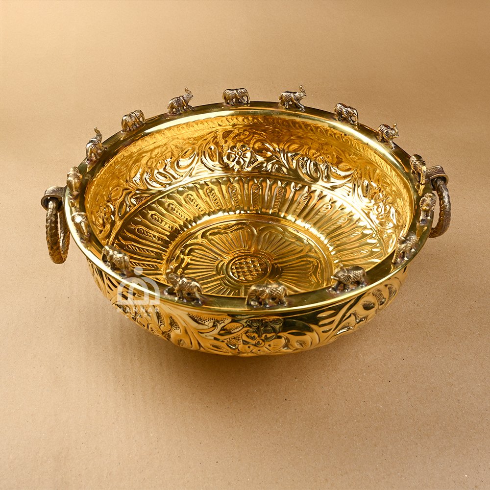 Pure Brass Elephant Uruli Bowl – 16 Inch Ethnic Carved Showpiece | Traditional Brass Finish Uruli for Floating Flowers & Home Decor