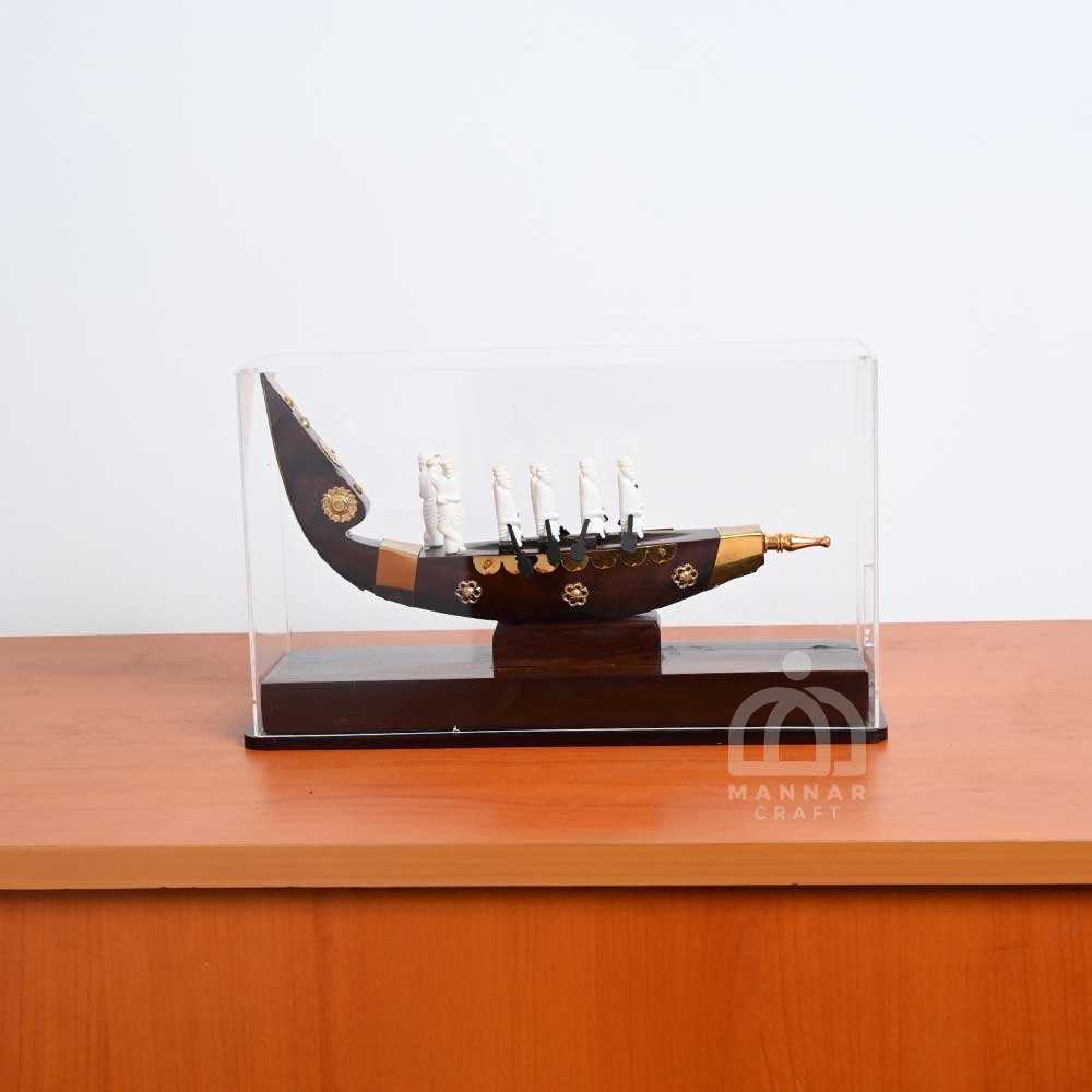 Handcrafted Wooden Snake Boat with Rowers in Glass Case – 28.5cm Kerala Vallam Kali Memento & Home Decor Showpiece by Mannar Craft