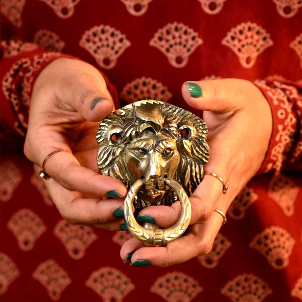 Handcrafted Brass Lion Face Door Knocker – Elegant Main Door - Pooja Room & Office Decor - 3 inch Size - Matte Finished 